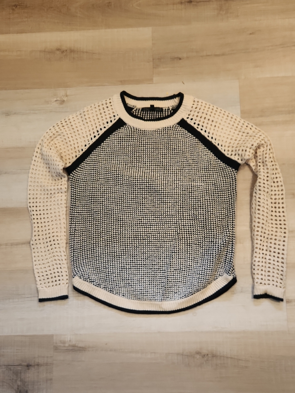 Lucca Couture Cream and Black Open-Knit Crewneck Sweater